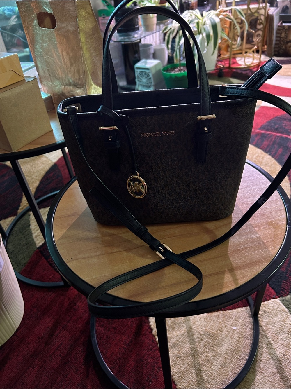 Michael Kors Dark Brown Signature Monogram Crossbody purse with Gold Hardware